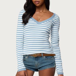 Kimi Striped Long Sleeve V Neck Top