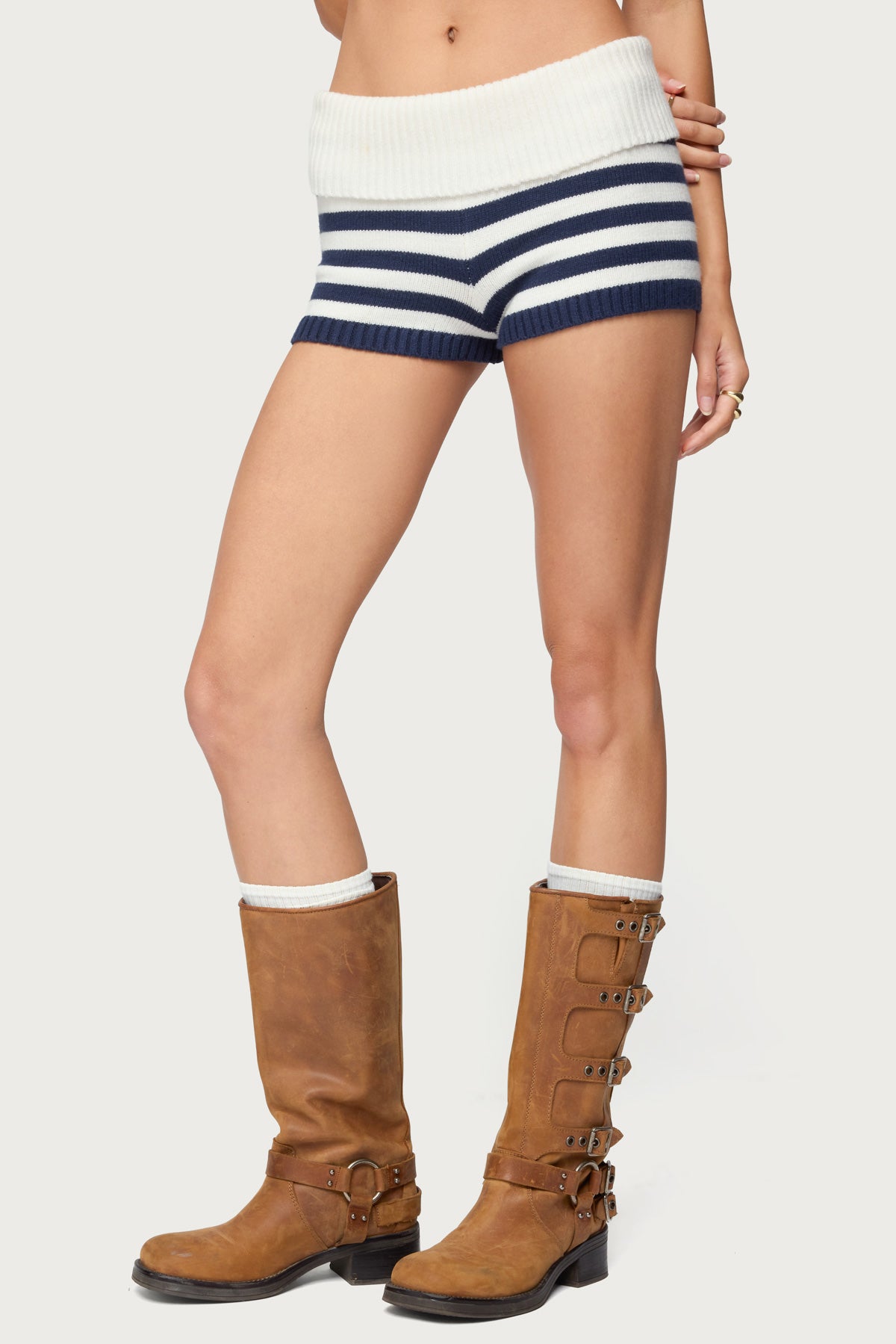 Saphi Striped Foldover Knit Shorts - Image 4