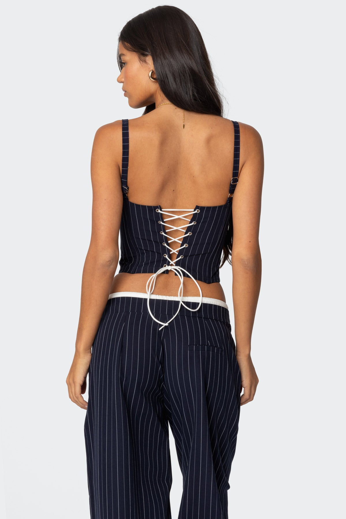 Pinstripe Peekaboo Drawstring Corset - Image 4