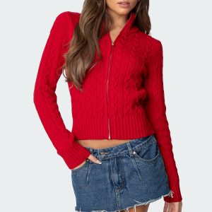 Ryn Zip Up Cable Knit Cardigan