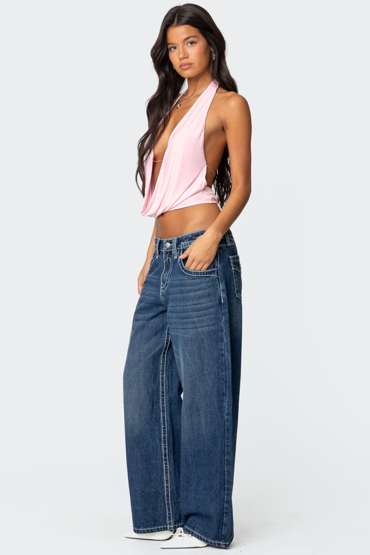 Contrast Stitch Low Rise Boyfriend Jeans - Image 4