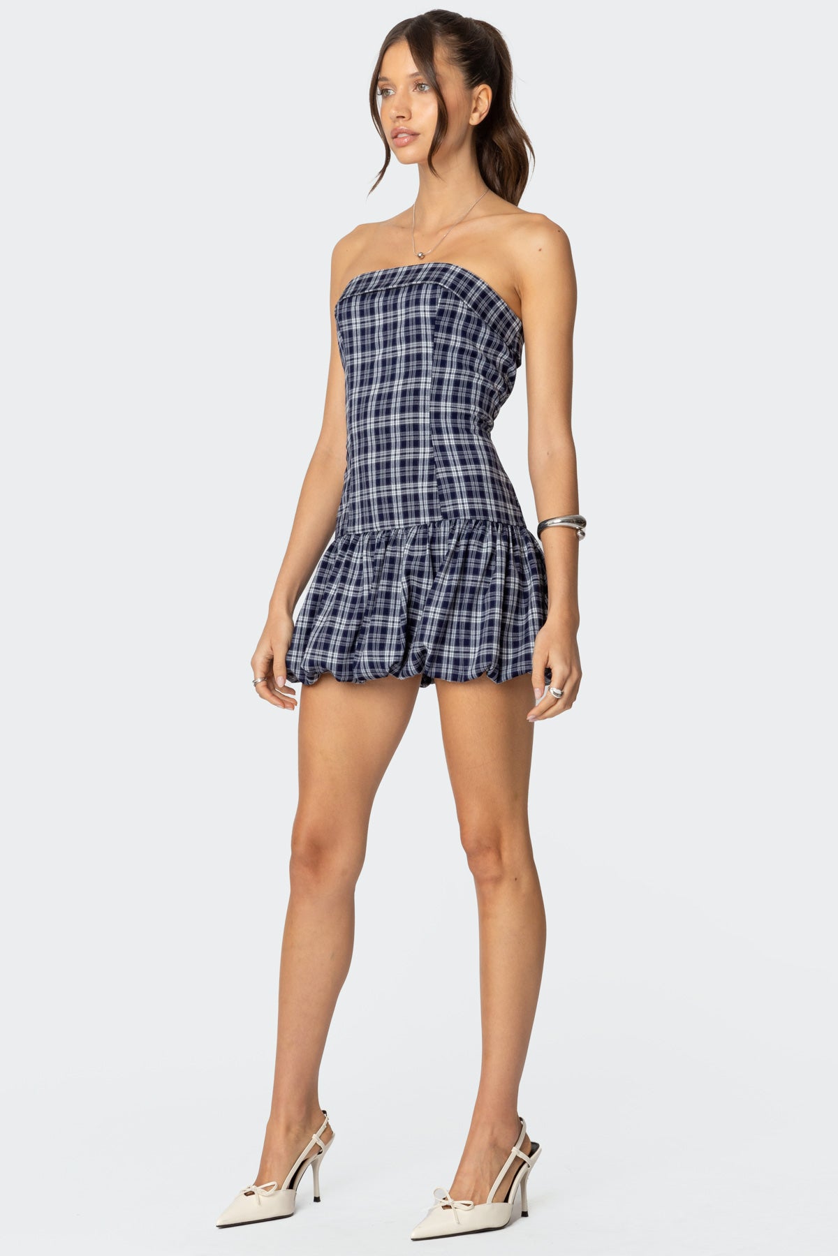 Plaid Strapless Bubble Mini Dress - Image 4