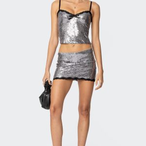 Revel Lace Trim Sequin Mini Skirt