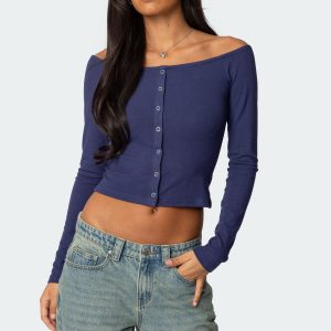 Off Shoulder Button Up Top