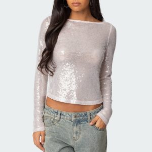 Sheer Sequin Boat Neck Top