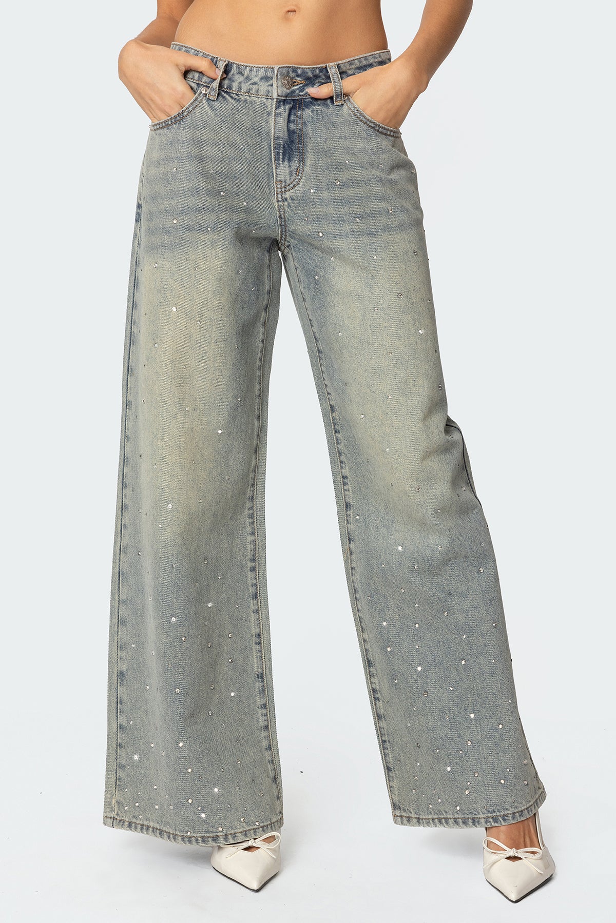 Rhinestone Low Rise Washed Jeans - Image 2