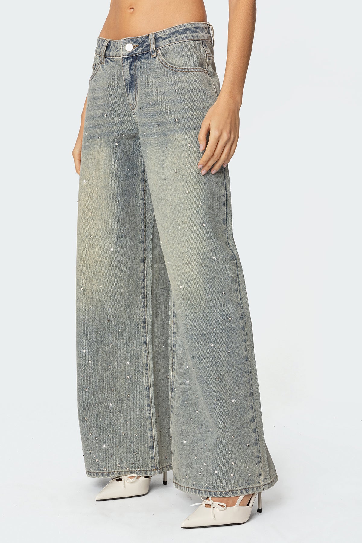 Rhinestone Low Rise Washed Jeans - Image 5