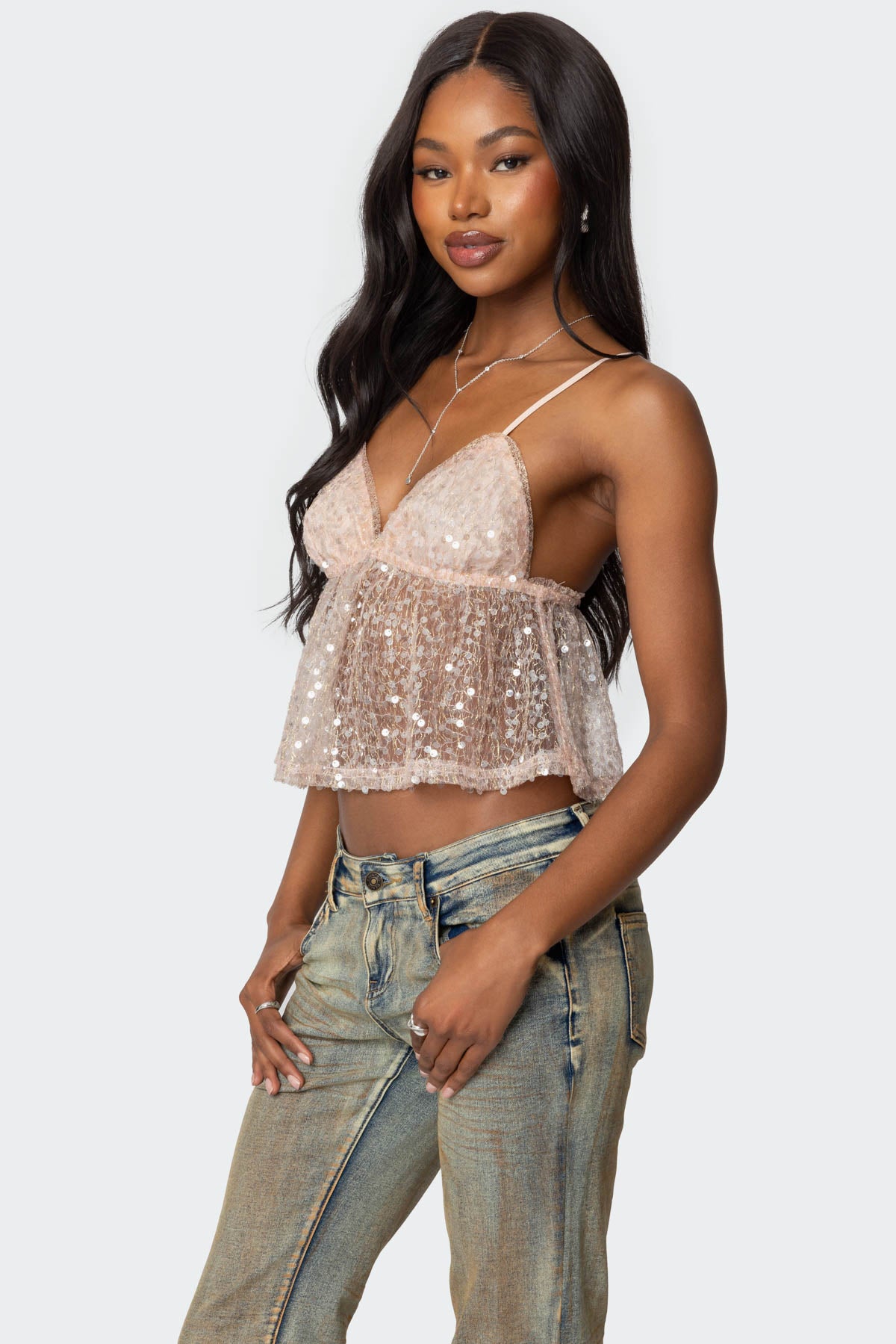Sheer Sequin Babydoll Tank Top - Image 3