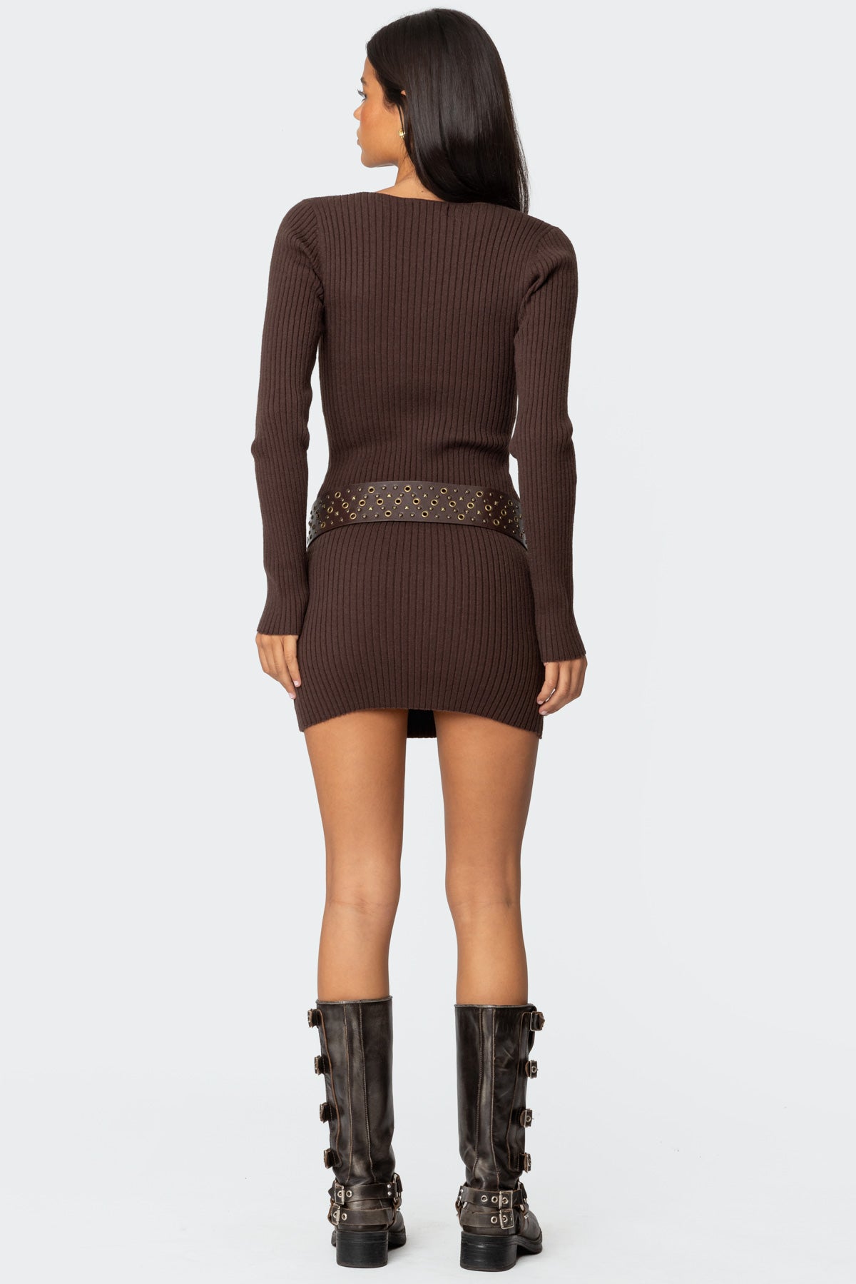 Ribbed Knit V Neck Mini Dress - Image 4