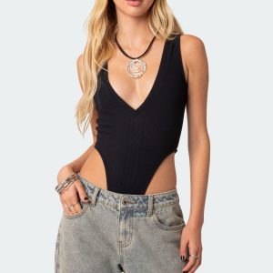 High Cut Ribbed V Neck Bodysuit