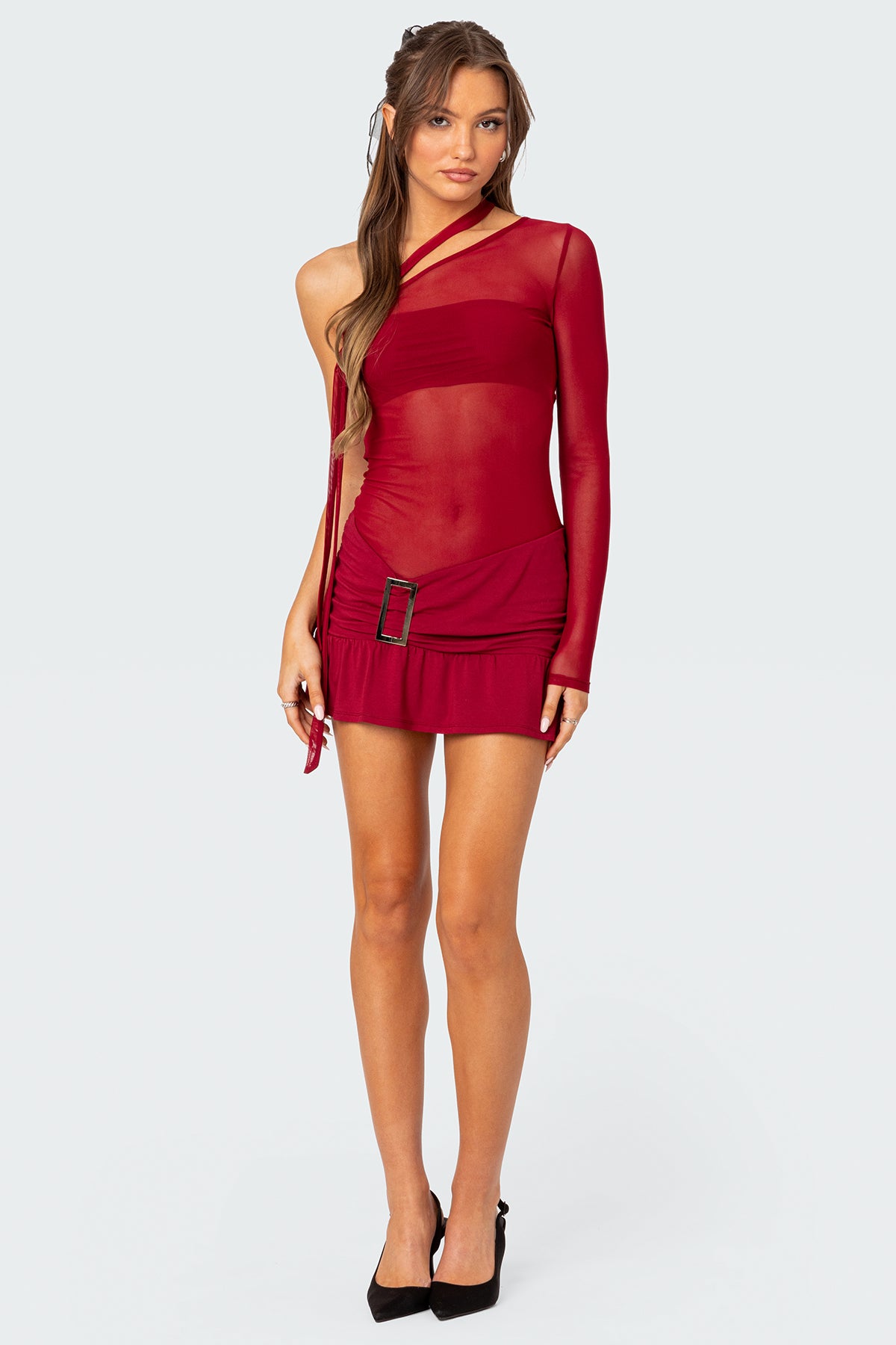 One Shoulder Sheer Mesh Mini Dress - Image 2