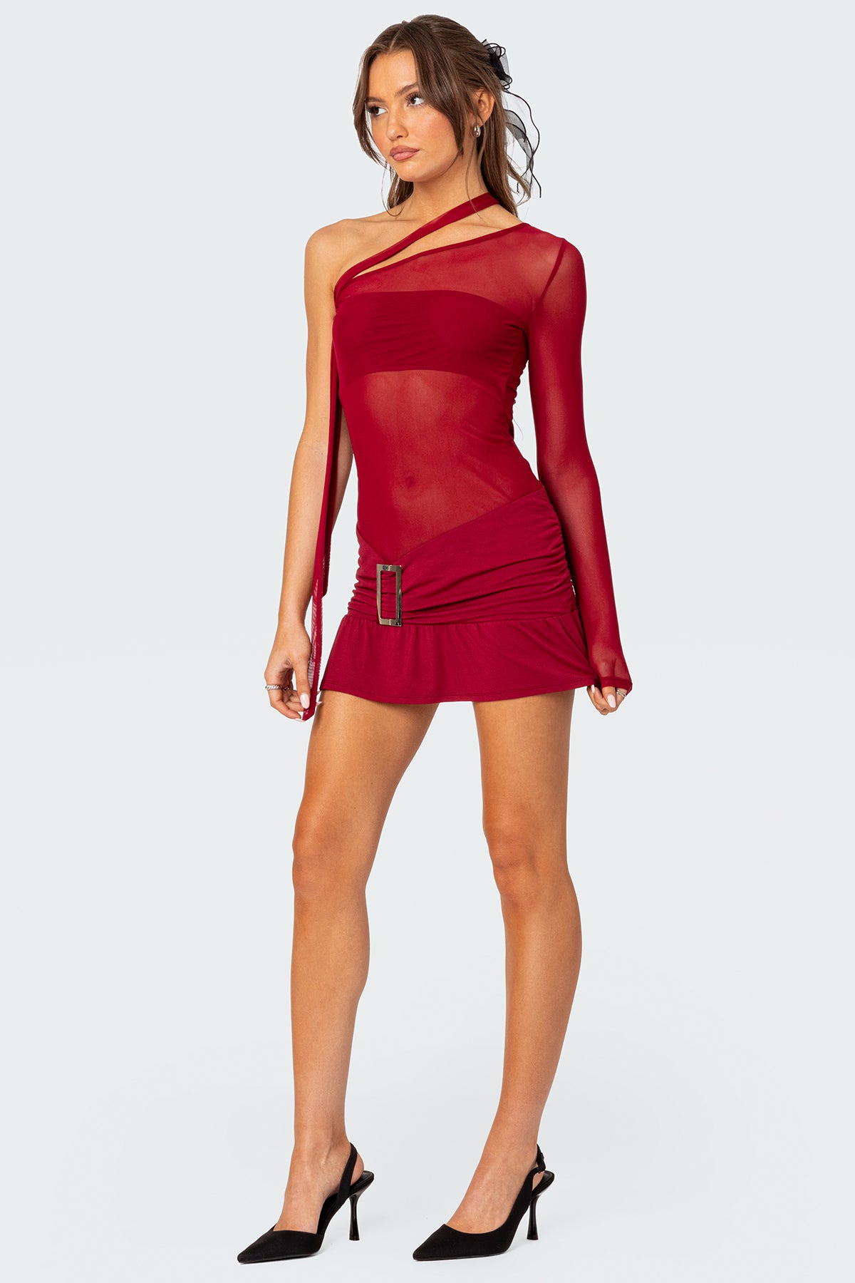 One Shoulder Sheer Mesh Mini Dress - Image 3