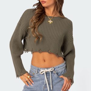 Distressed Hem Oversized Cropped Sweater