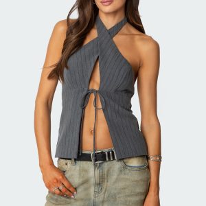 Split Front Pinstripe Halter Top