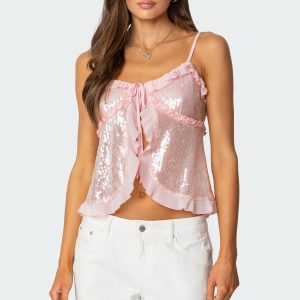Sequin Ruffled Split Front Top