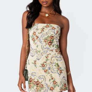 Floral Tapestry Lace Up Mini Dress