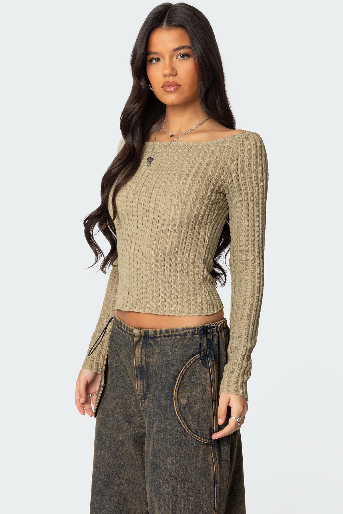 Textured Sheer Boat Neck Top - Image 3