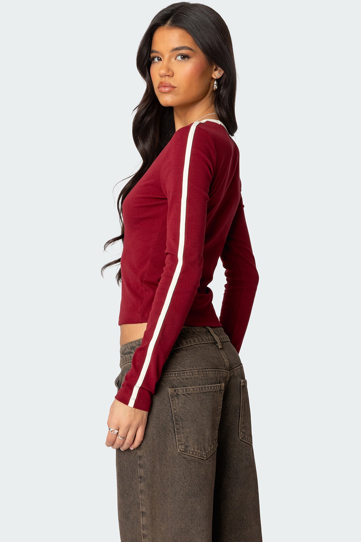 Contrast V Neck Long Sleeve T Shirt - Image 5