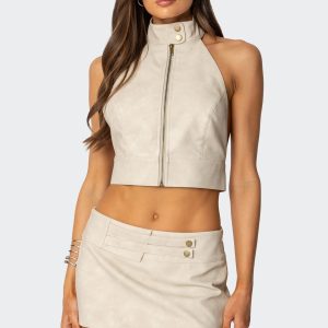 Karly Faux Leather Open Back Top