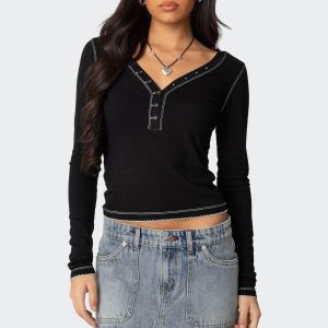 Yael Contrast Stitch Henley Top