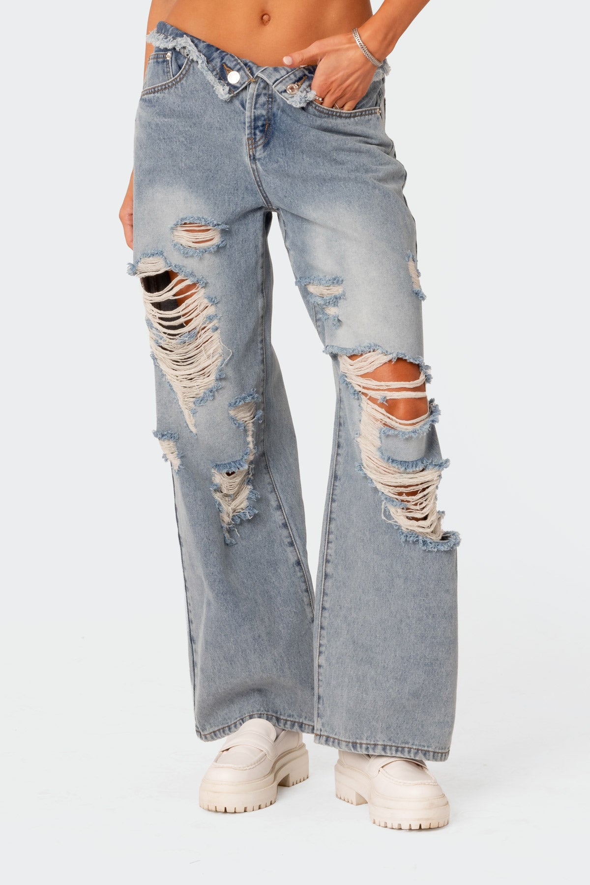 Distressed Fold Over Boyfriend Jeans - Image 2