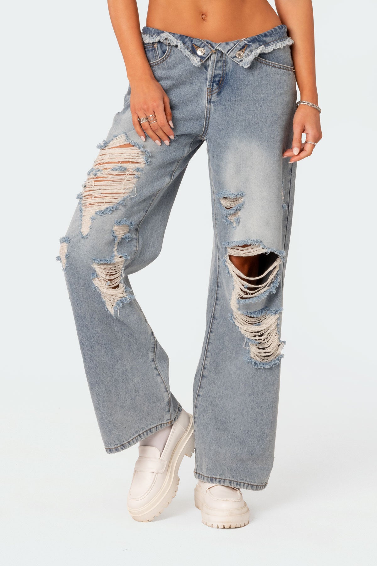 Distressed Fold Over Boyfriend Jeans - Image 3