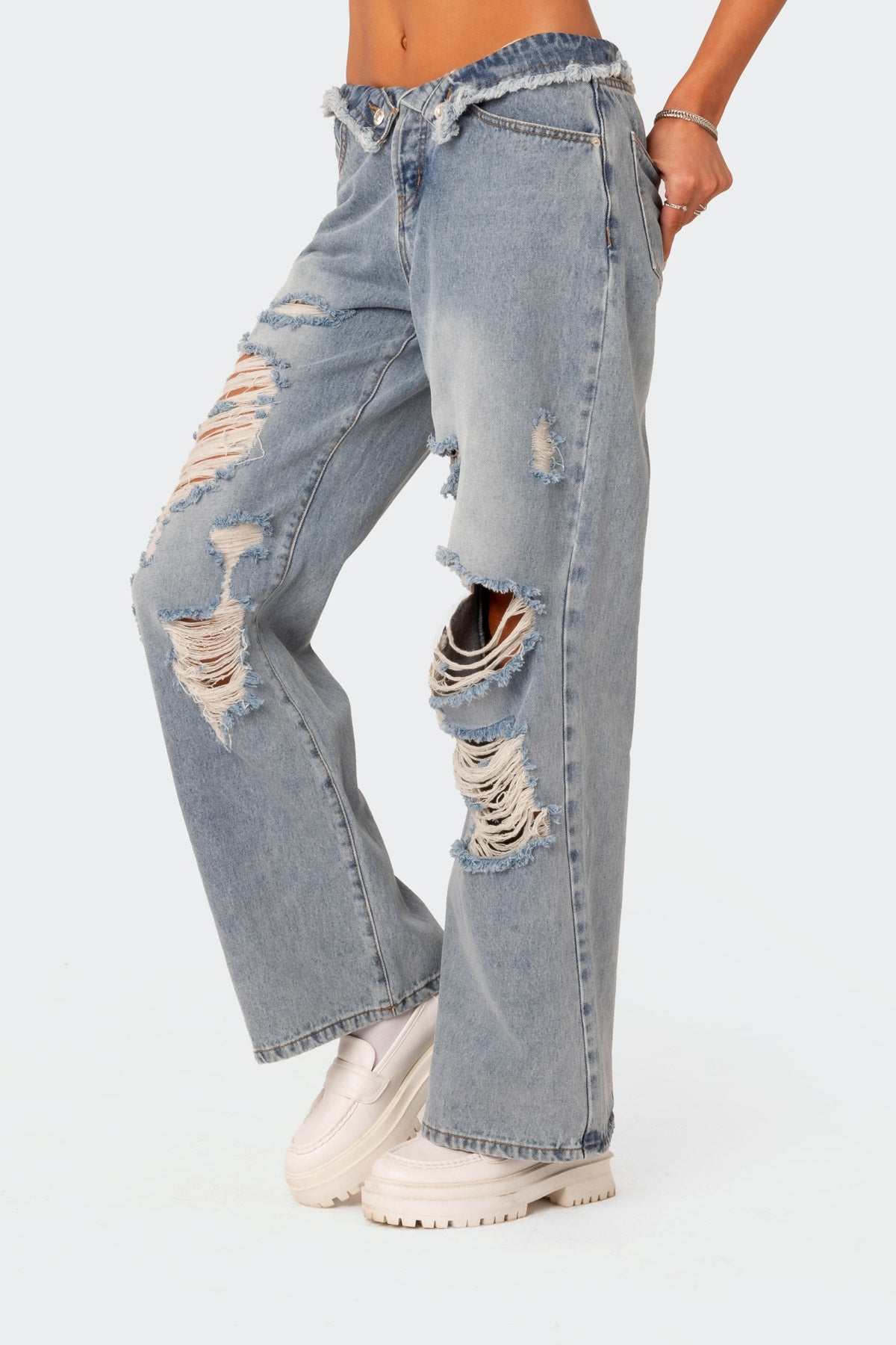 Distressed Fold Over Boyfriend Jeans - Image 4