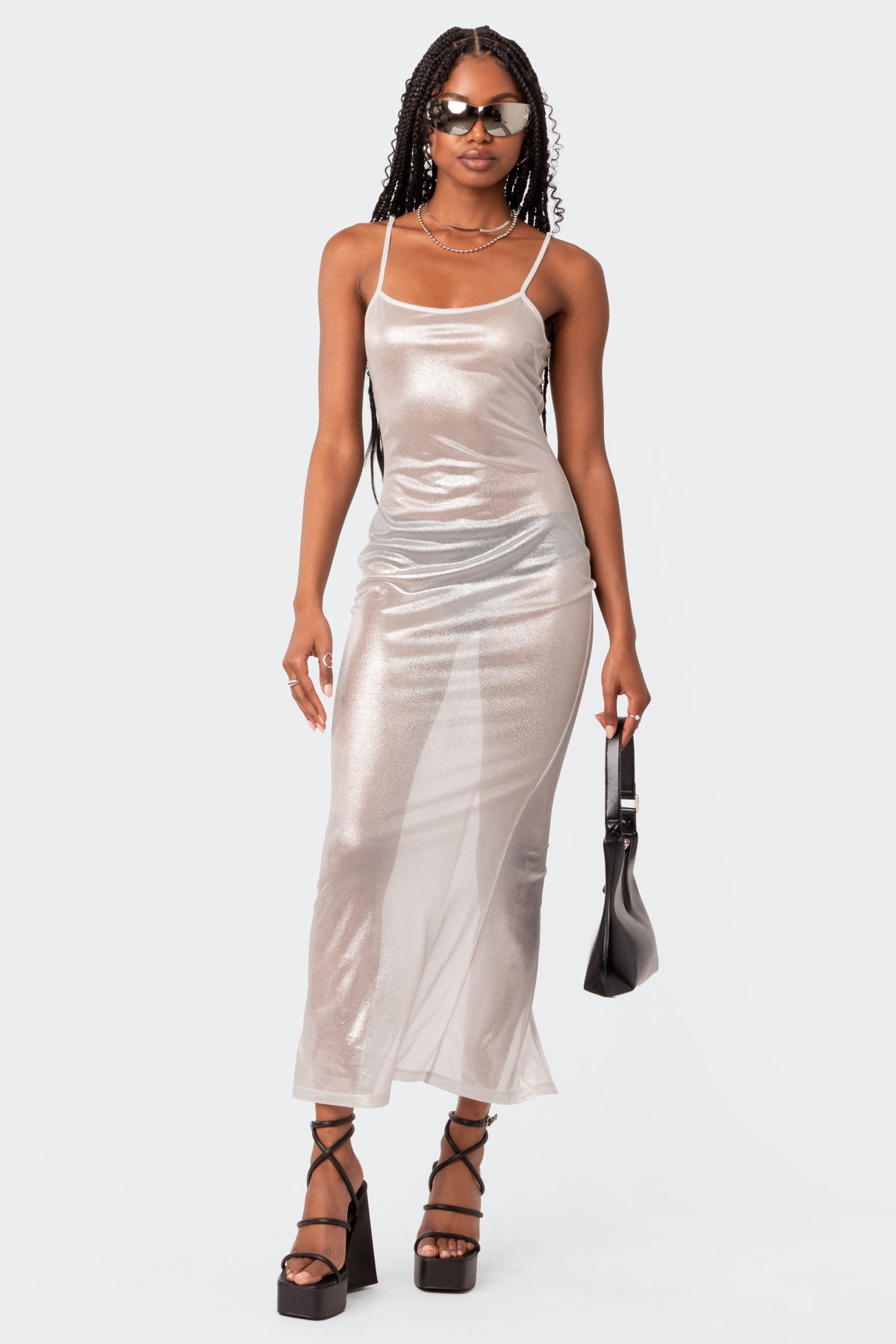 Nyla Sheer Glittery Back Slit Maxi Dress - Image 2