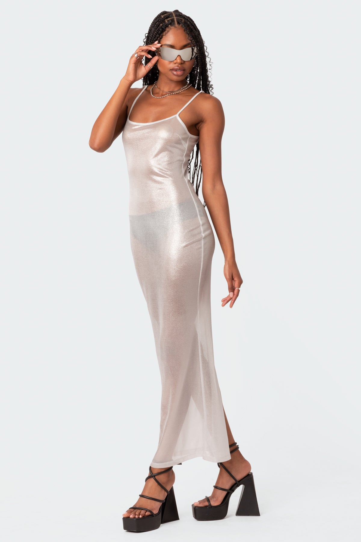 Nyla Sheer Glittery Back Slit Maxi Dress - Image 4