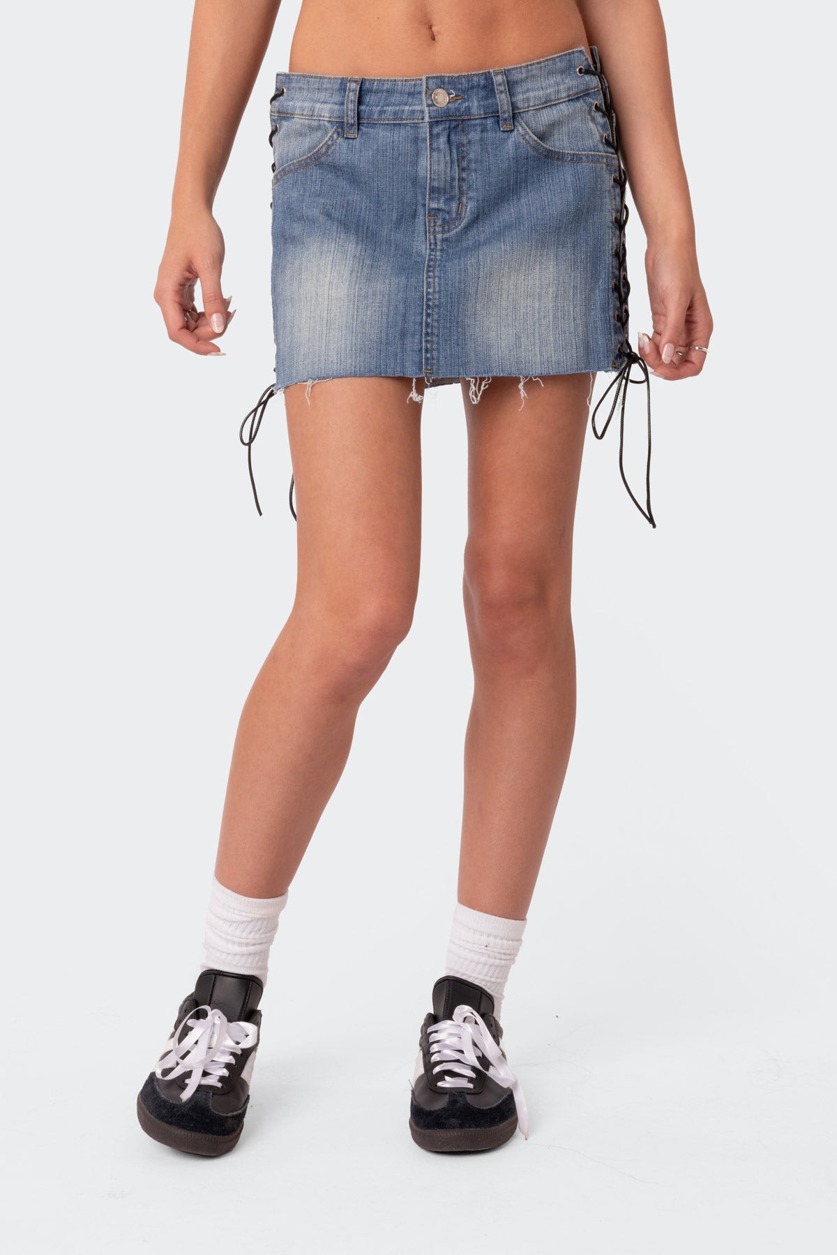 Side Lace Up Denim Mini Skirt - Image 2