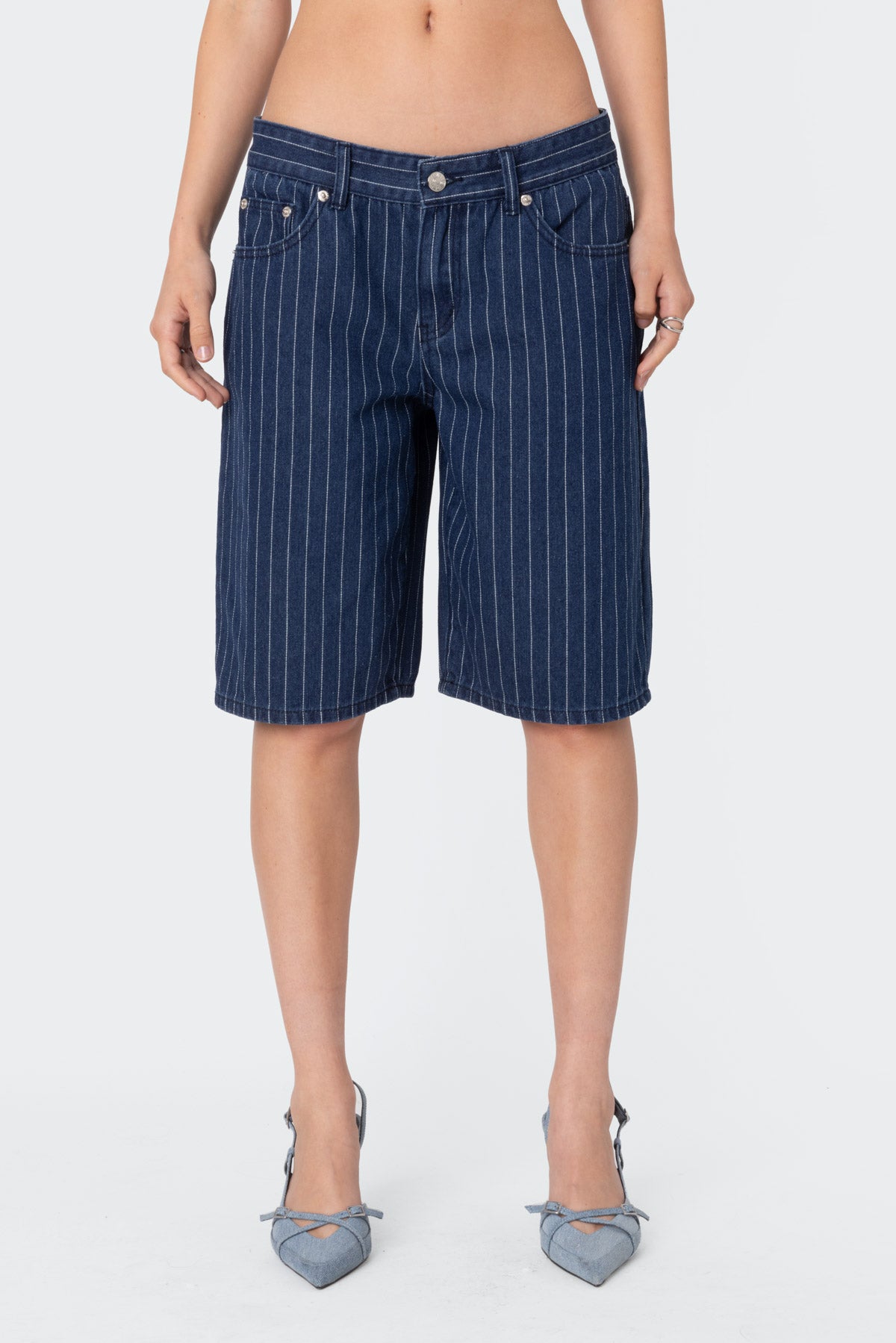 Pinstripe Denim Bermuda Shorts - Image 2