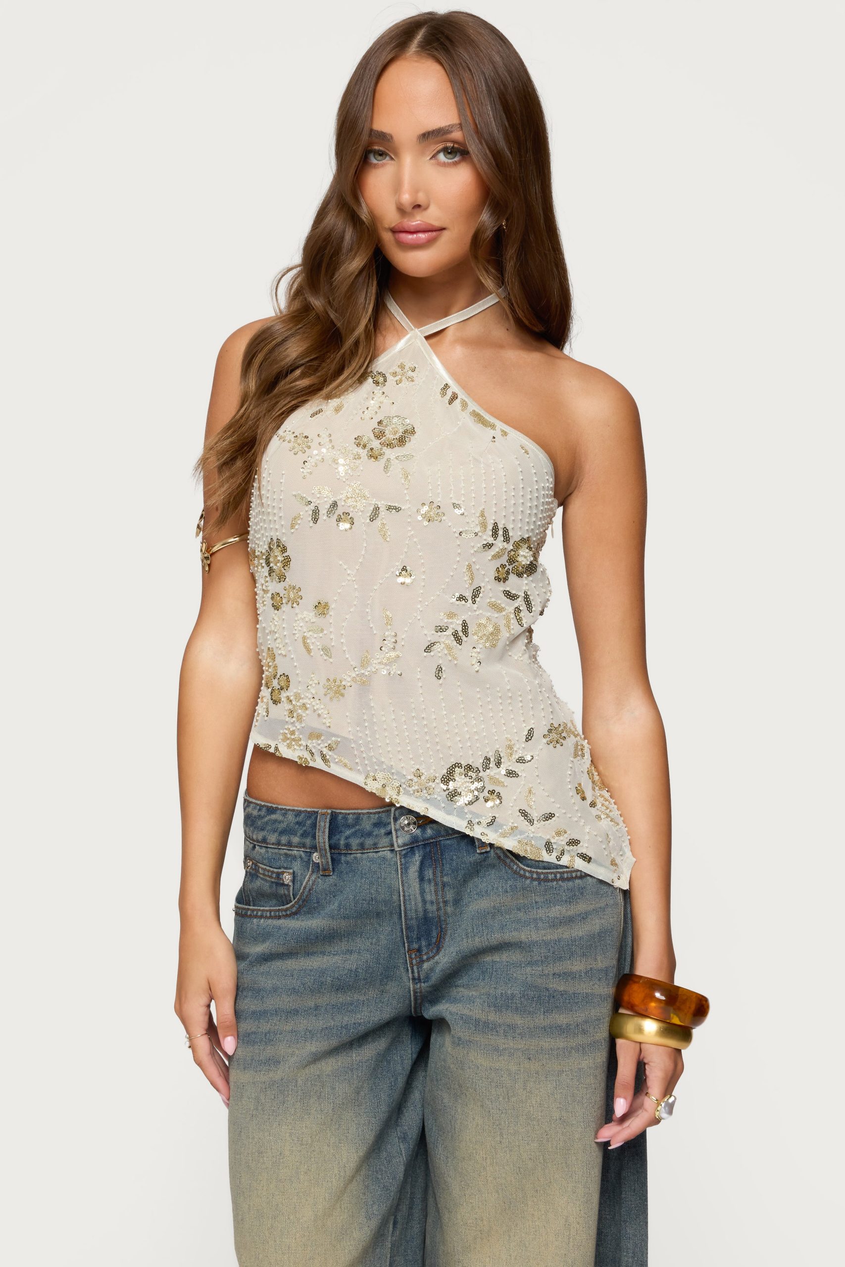 Beaded Sequin Asymmetric Halter Top
