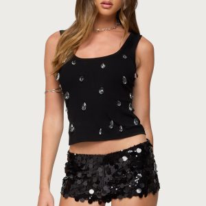 Zelena Faux Crystal Ribbed Tank Top