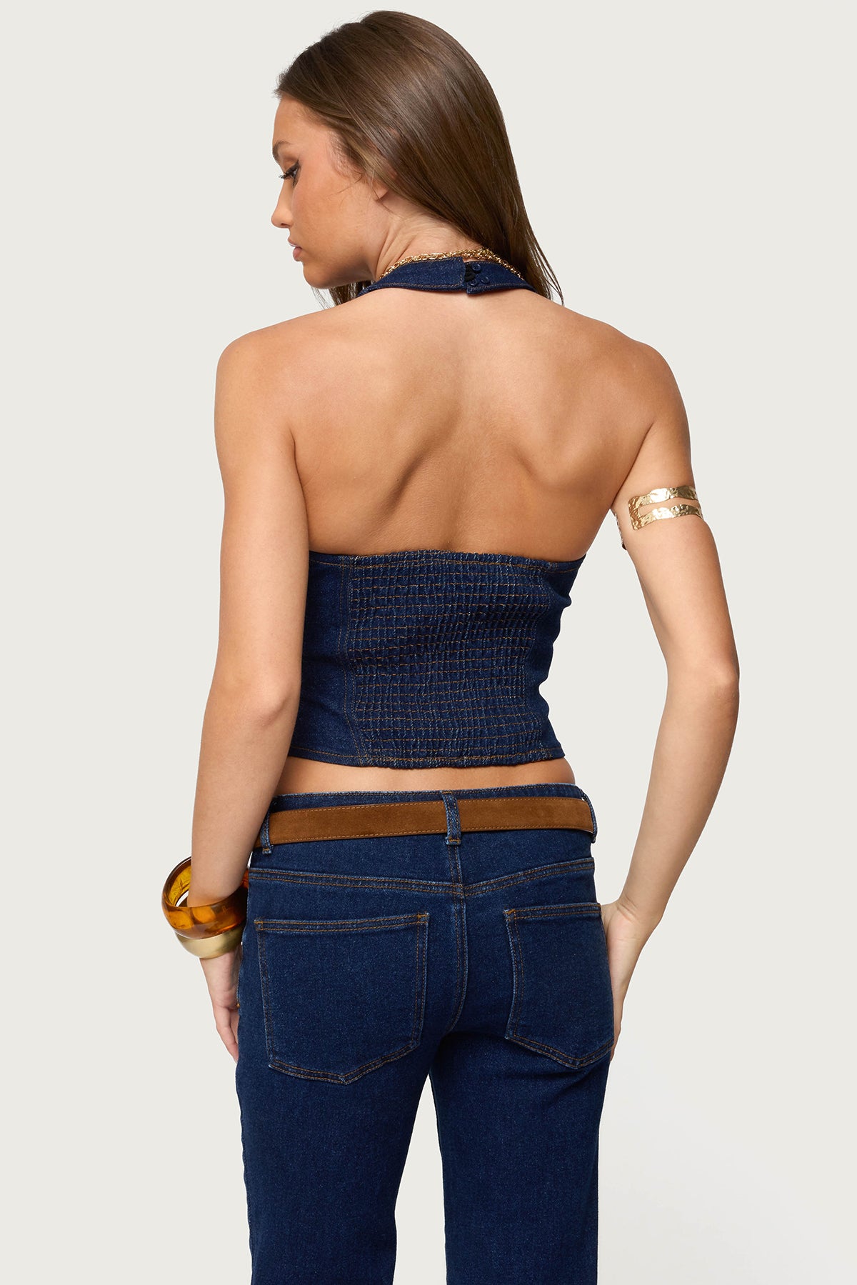 Jemima Contrast Stitch Denim Halter Top - Image 5