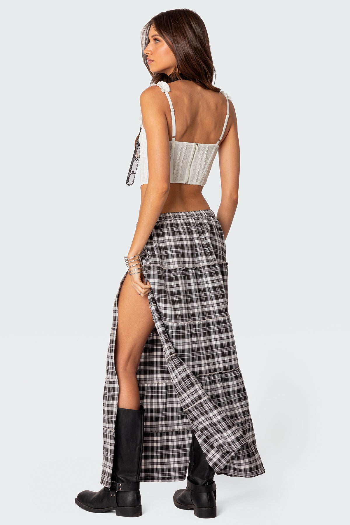 Plaid Side Slit Tiered Maxi Skirt - Image 5
