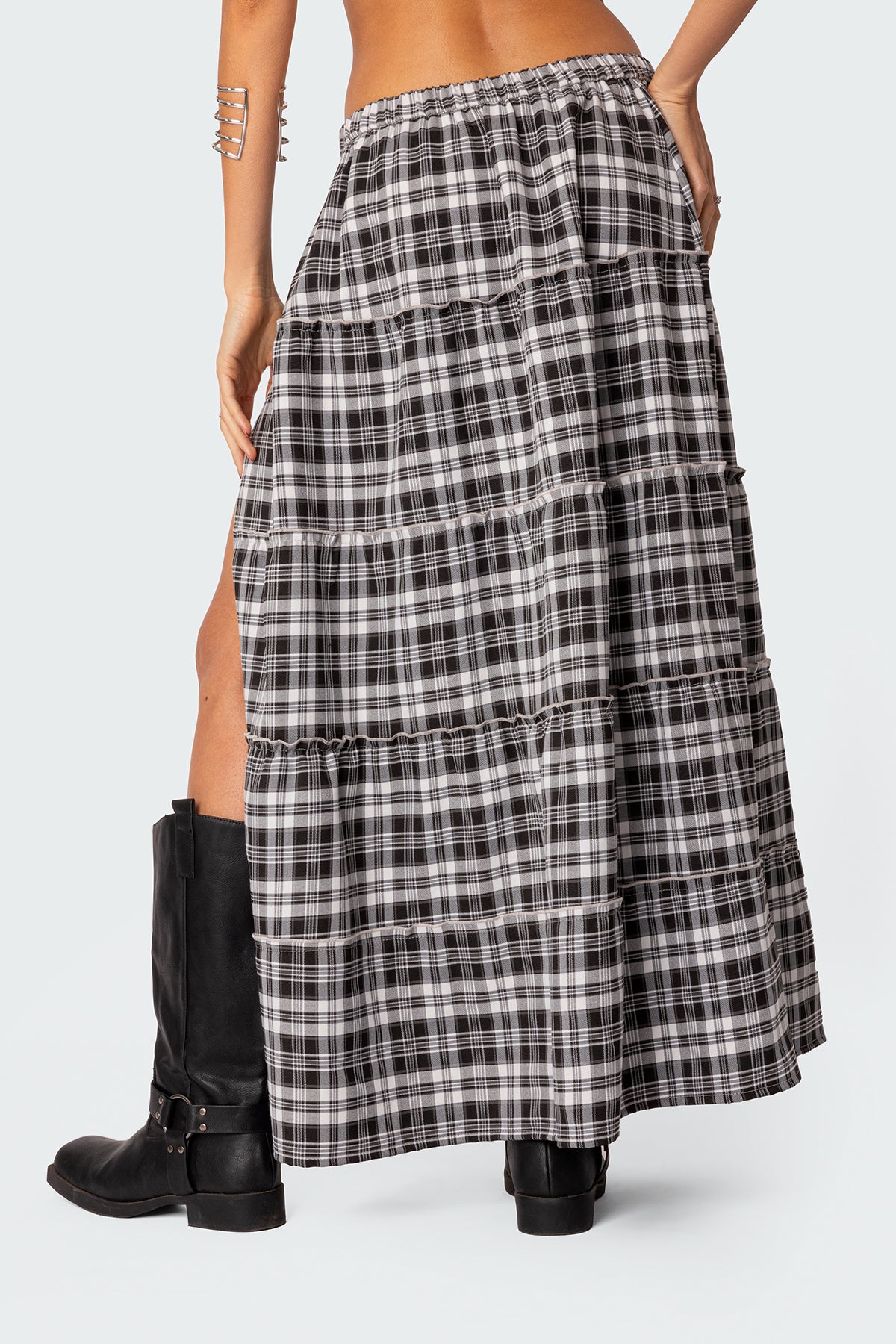 Plaid Side Slit Tiered Maxi Skirt - Image 4