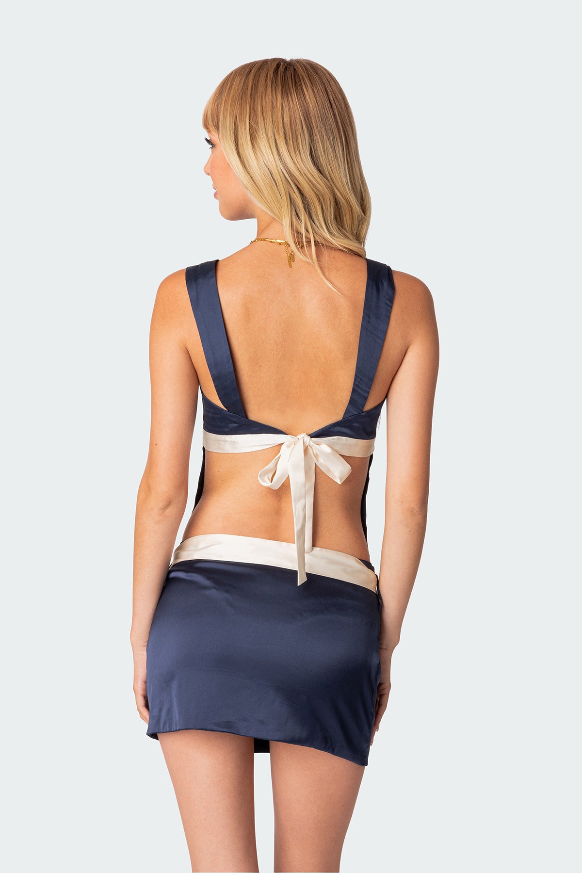 Natalia Ribbon Tie Satin Effect Open Back Top - Image 4