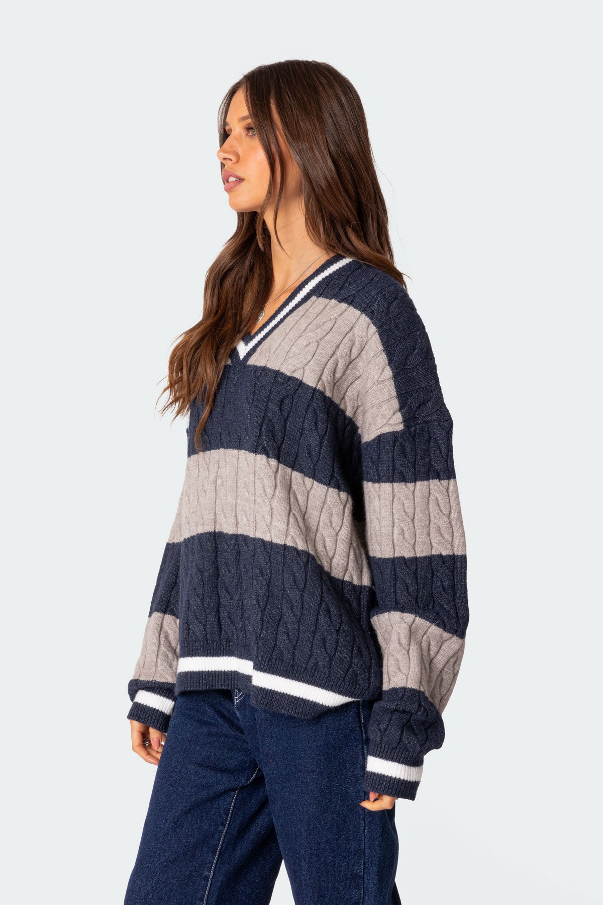 Romie V Neck Cable Knit Sweater - Image 3