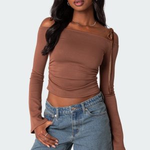 Velvet Tie Off Shoulder Top