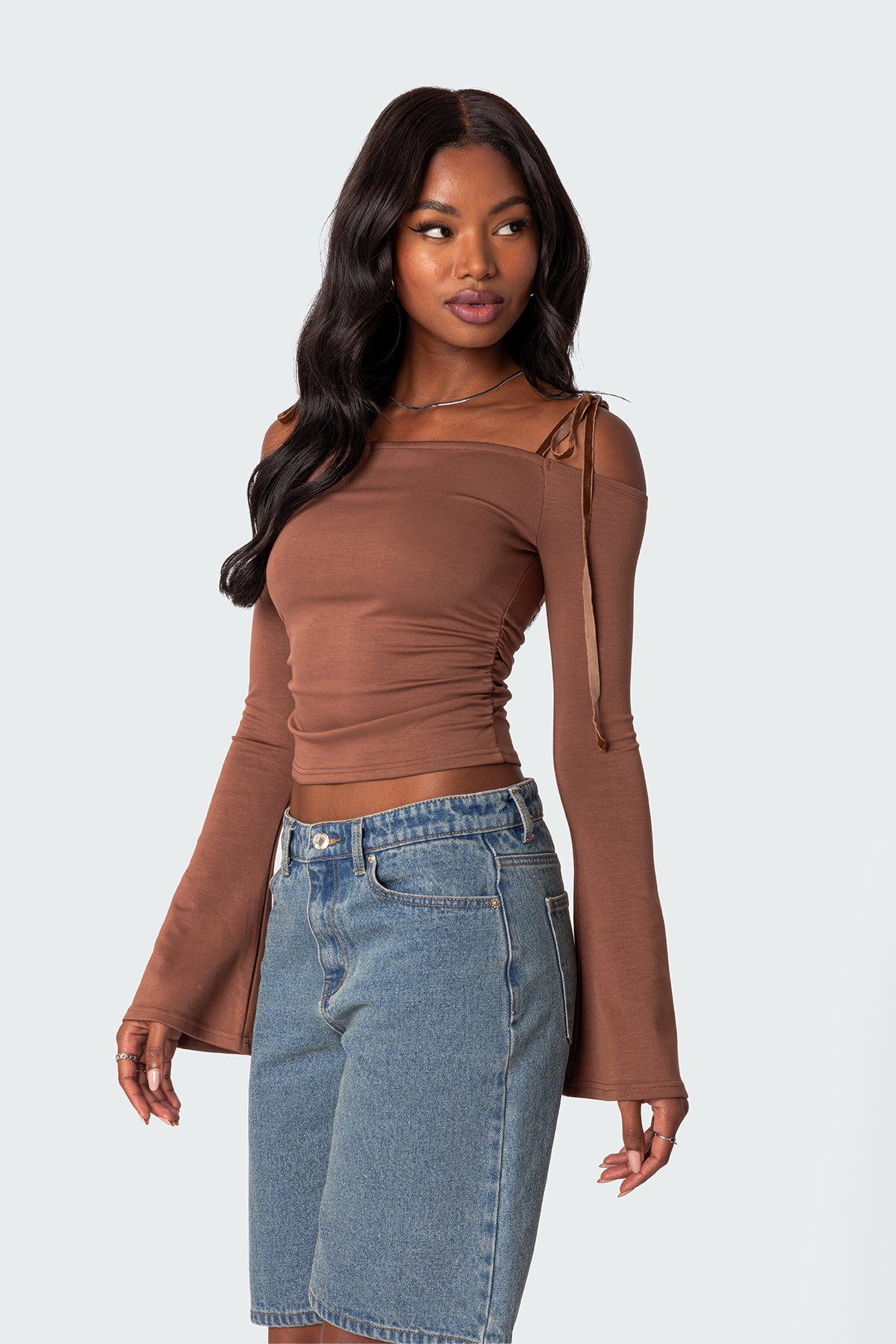 Velvet Tie Off Shoulder Top - Image 3