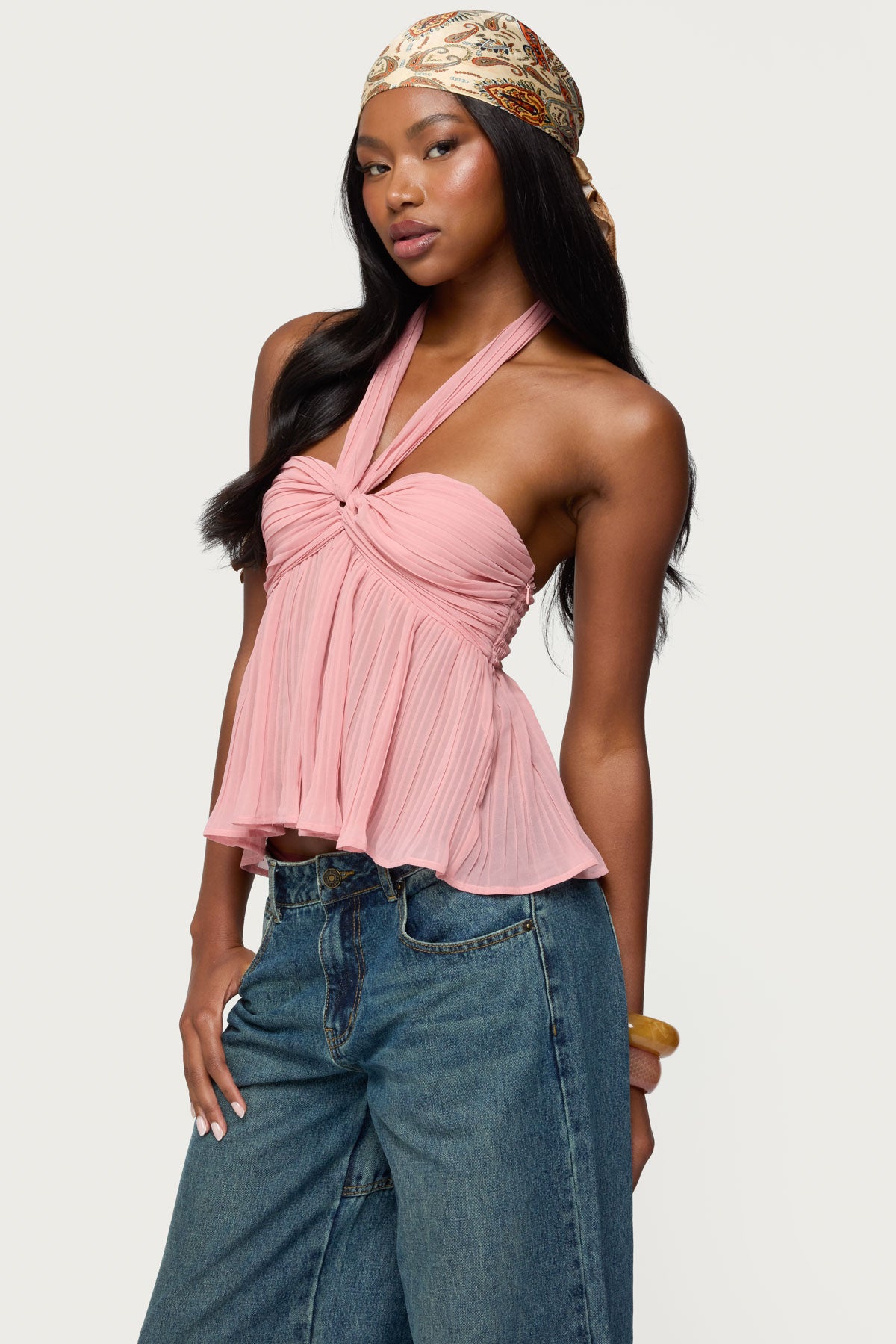 Pleated Chiffon Babydoll Halter Top - Image 3