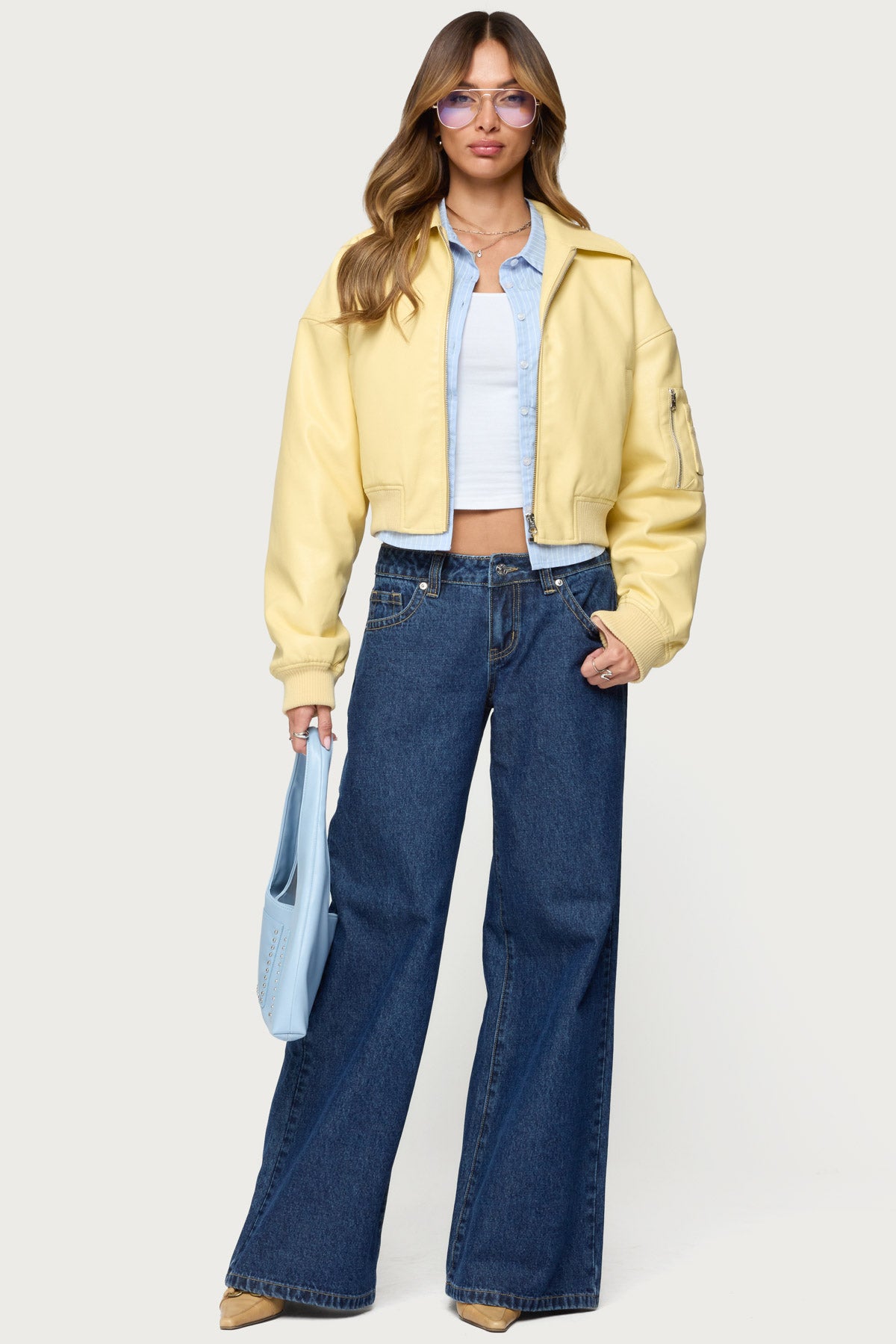 Zayna Cropped Faux Leather Bomber Jacket - Image 2