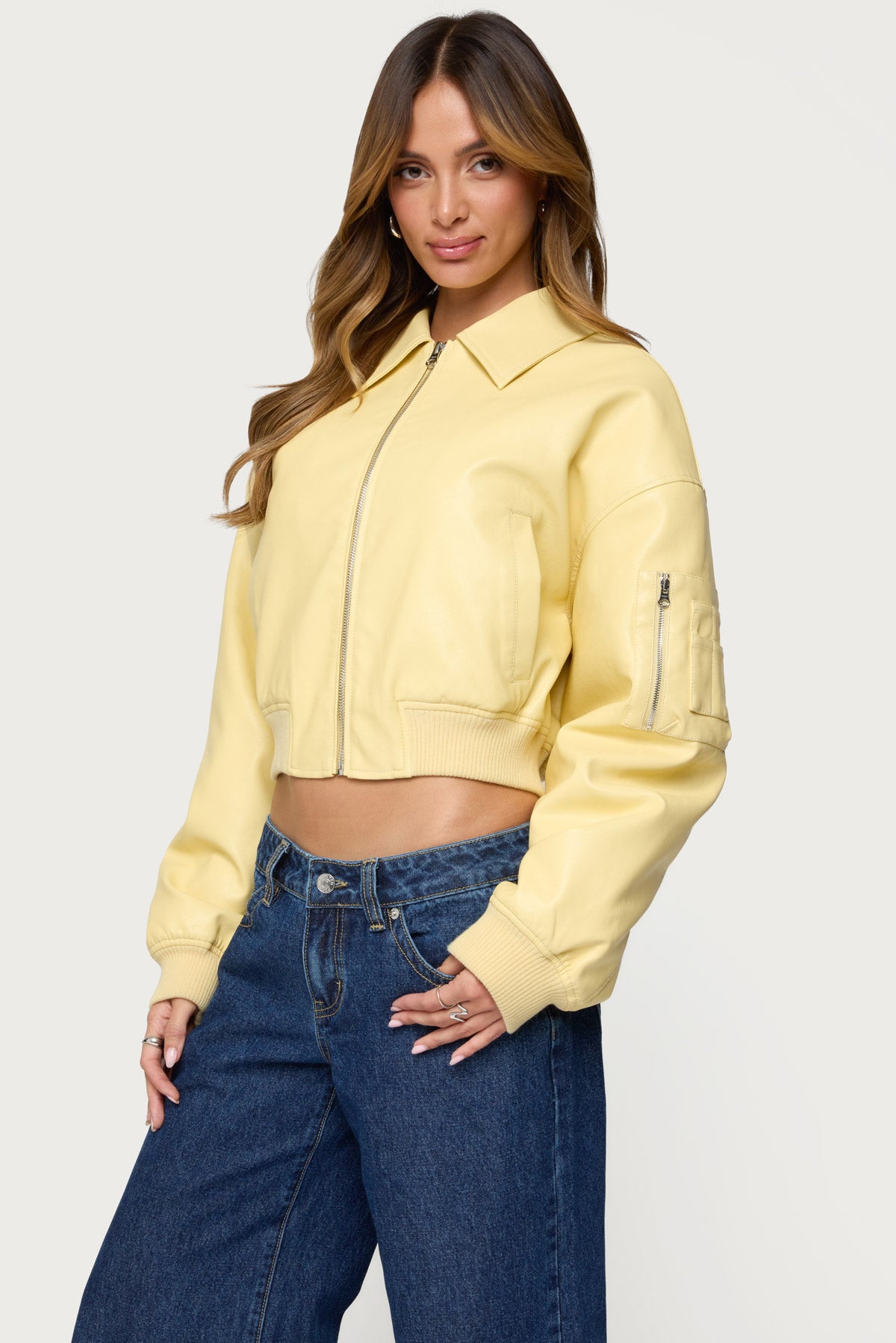 Zayna Cropped Faux Leather Bomber Jacket - Image 3