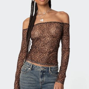 Leopard Sheer Mesh Off Shoulder Top