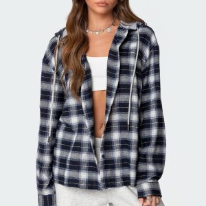 Plaid Hooded Button Up Shirt