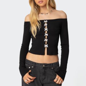 Contrast Bow Off Shoulder Top