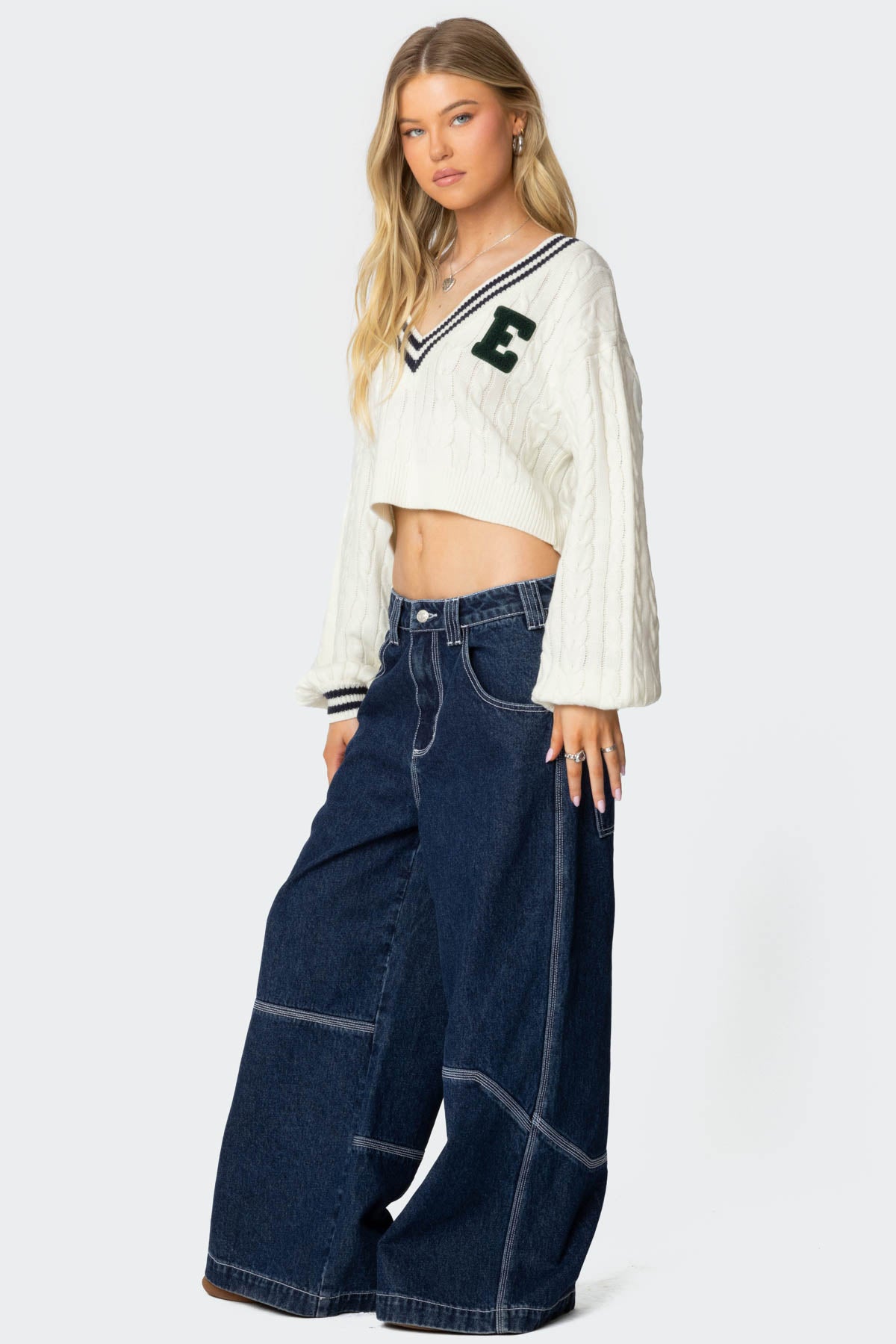 Collegiate Cropped Cable Knit Sweater - Image 4
