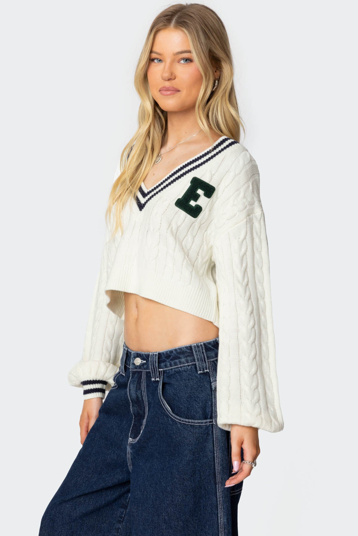 Collegiate Cropped Cable Knit Sweater - Image 3