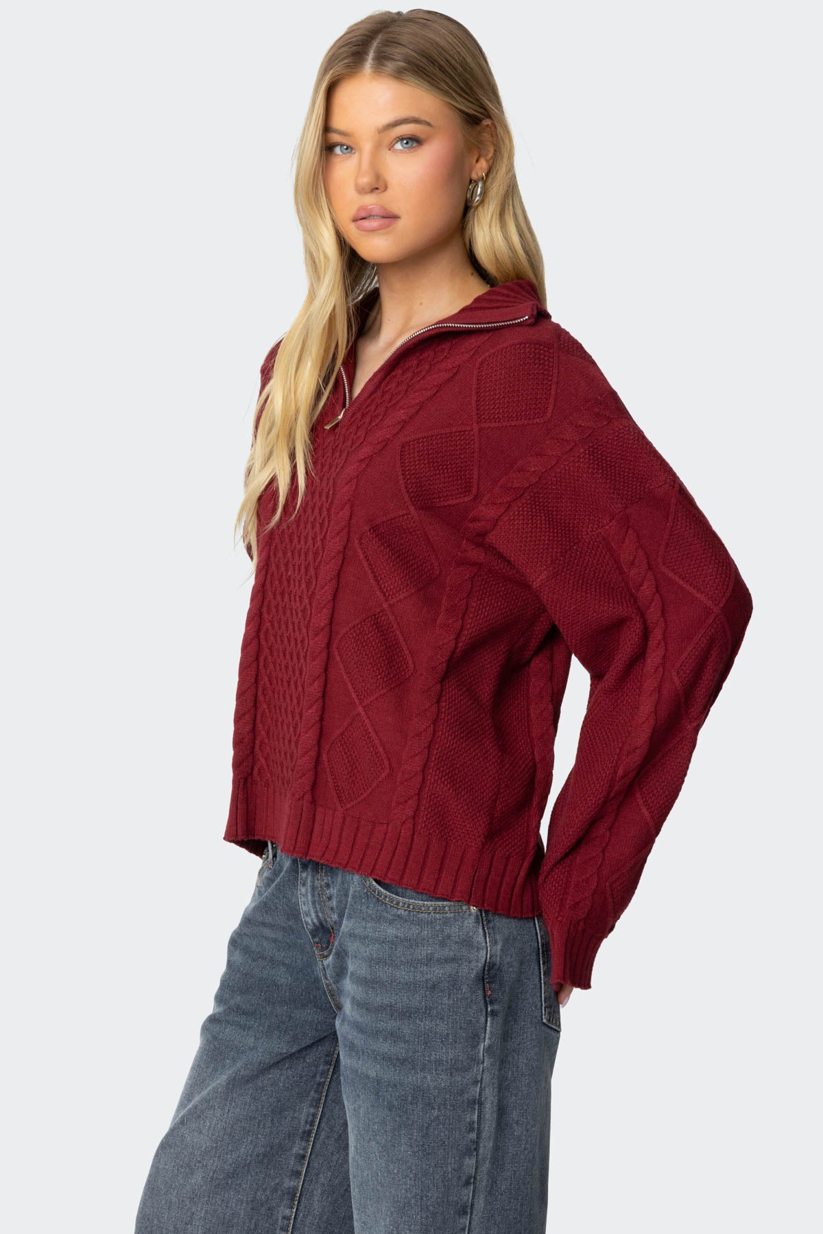 Oversized Quarter Zip Cable Knit Sweater - Image 3