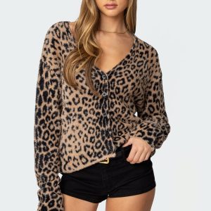 Leopard Printed V Neck Cardigan